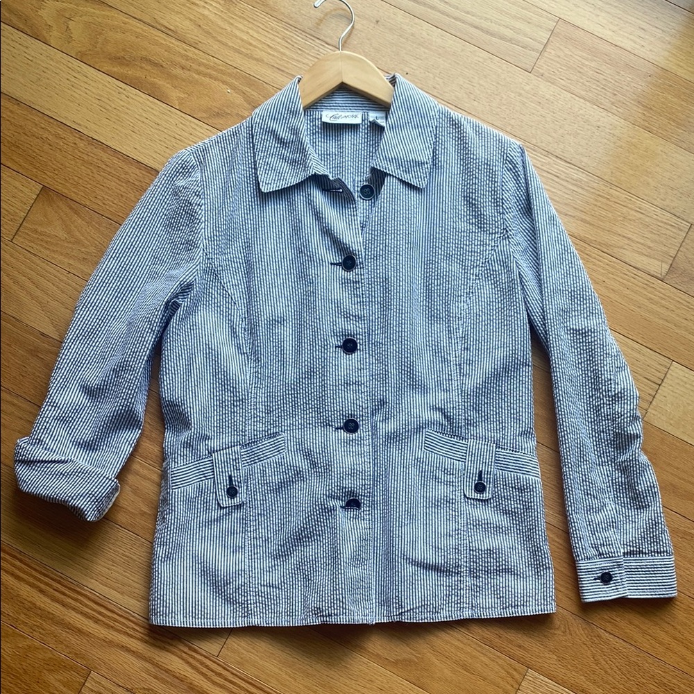 Blue and White Utility Jacket with Boxy Silhouette